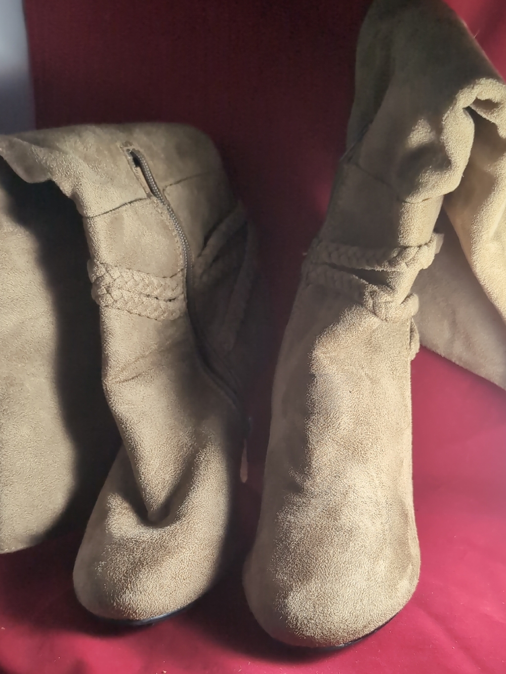 Dots Olive Suede-like Heeled Boots with Braided Ankle